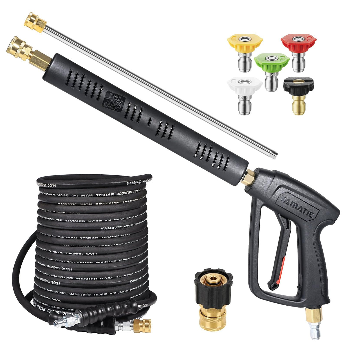 YAMATIC pressure washer gun front view showing ergonomic handle and trigger for comfort