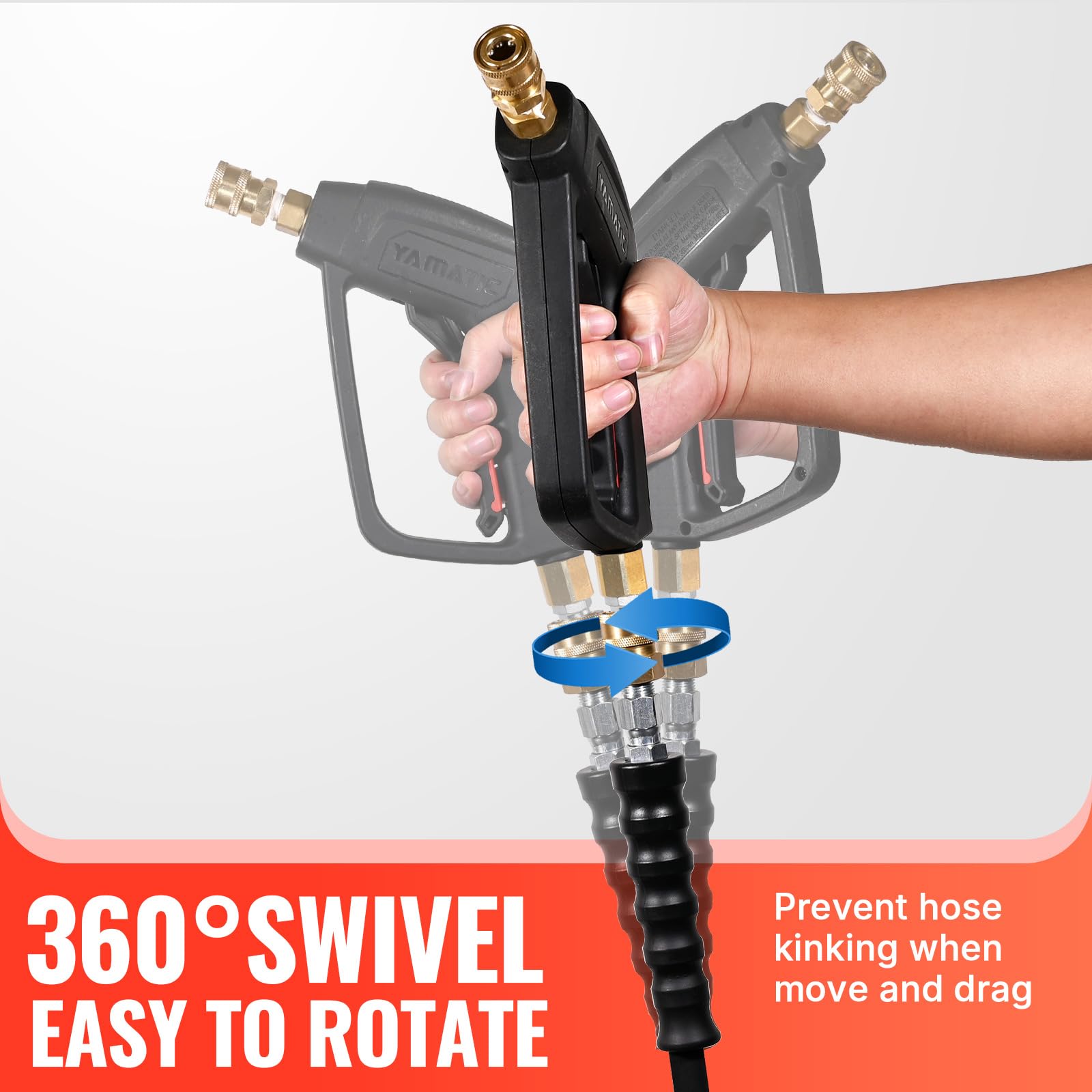 YAMATIC 50 ft rubber hose laid out to show full length and flexible benefit