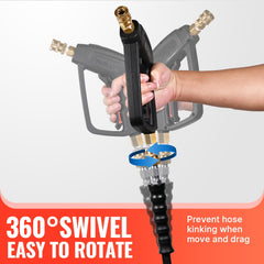 YAMATIC 50 ft rubber hose laid out to show full length and flexible benefit