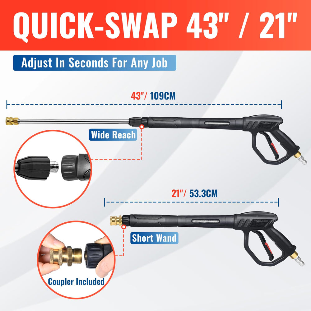 YAMATIC wand beside ruler showing 43-inch total reach for elevated cleaning