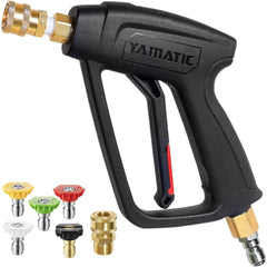 YAMATIC front view of short pressure washer gun showing compact design and benefit of control