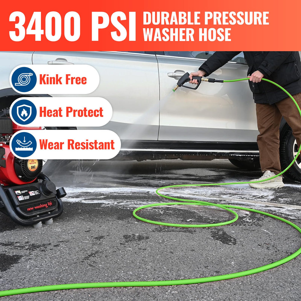 YAMATIC hose beside ruler showing scale to confirm accurate 50 ft length