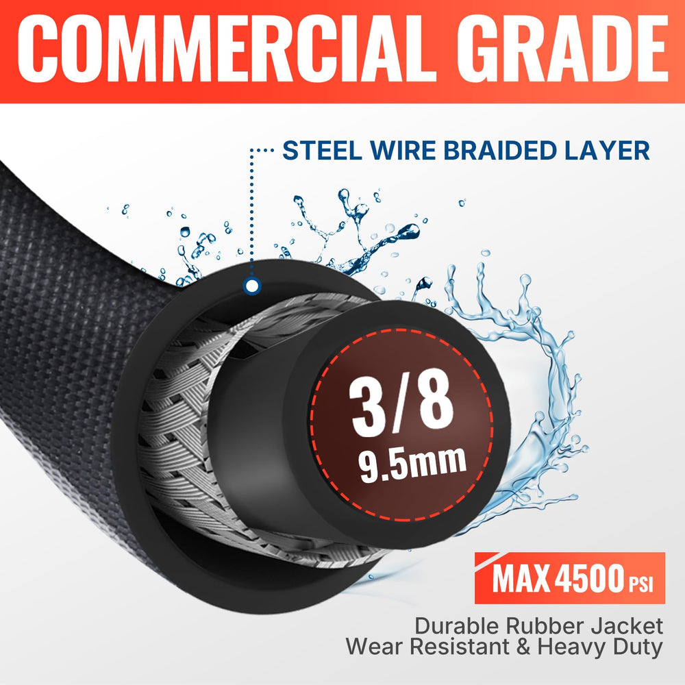 YAMATIC close-up of steel-braided hose core and rubber jacket, built for long life