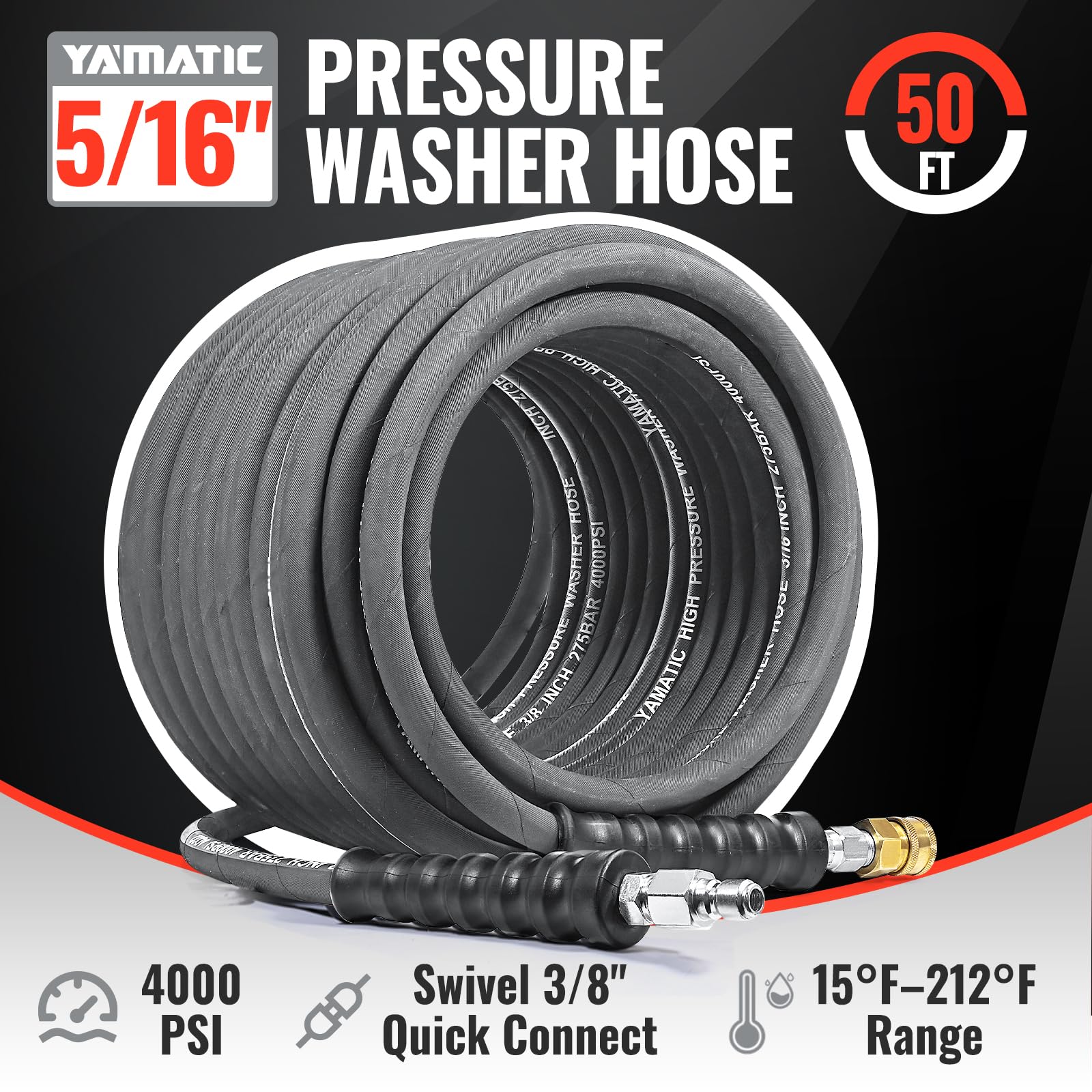 YAMATIC close-up of swivel quick-connect fitting reducing hose twist and wear