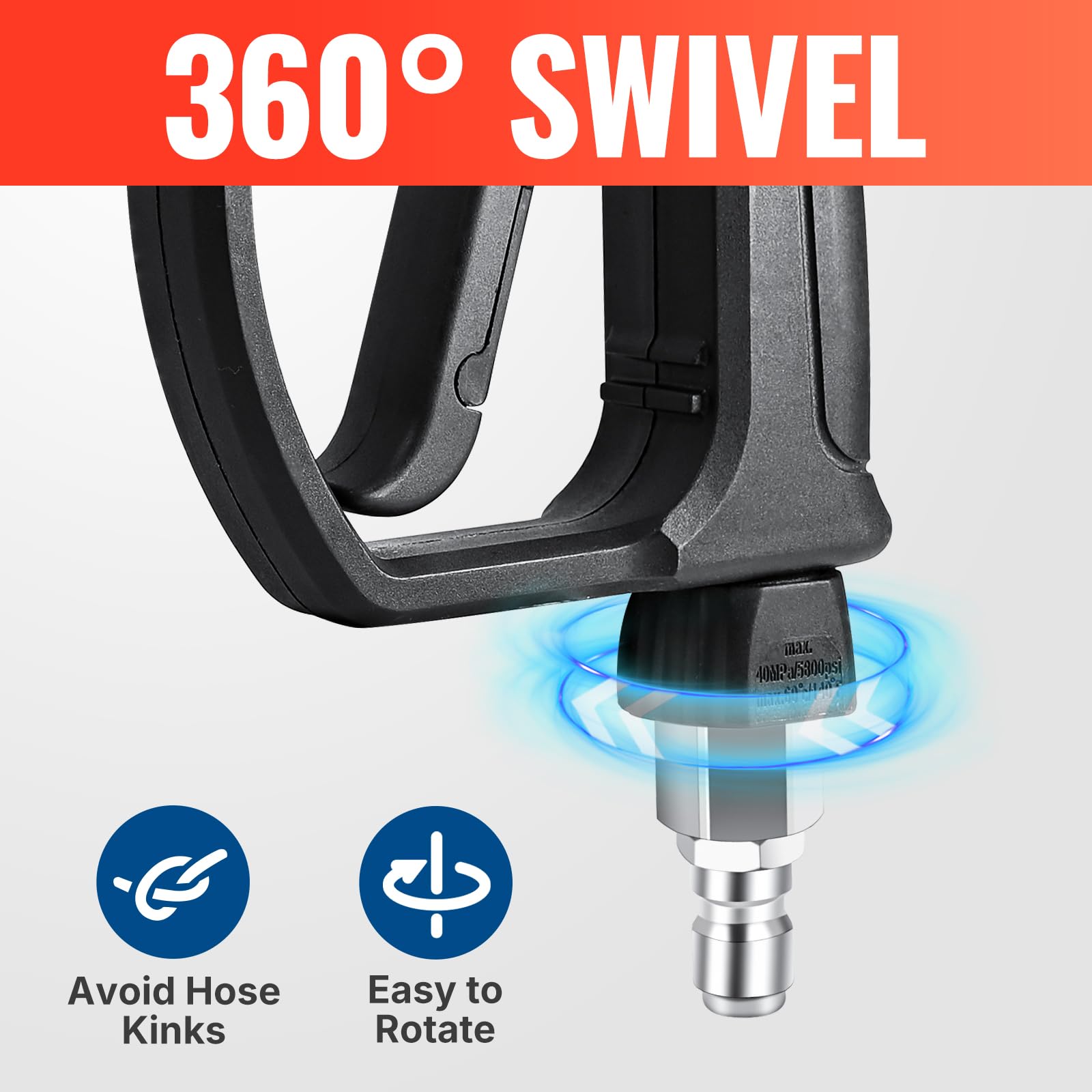 YAMATIC swivel inlet showing 360-degree rotation to prevent hose kinks and improve maneuverability