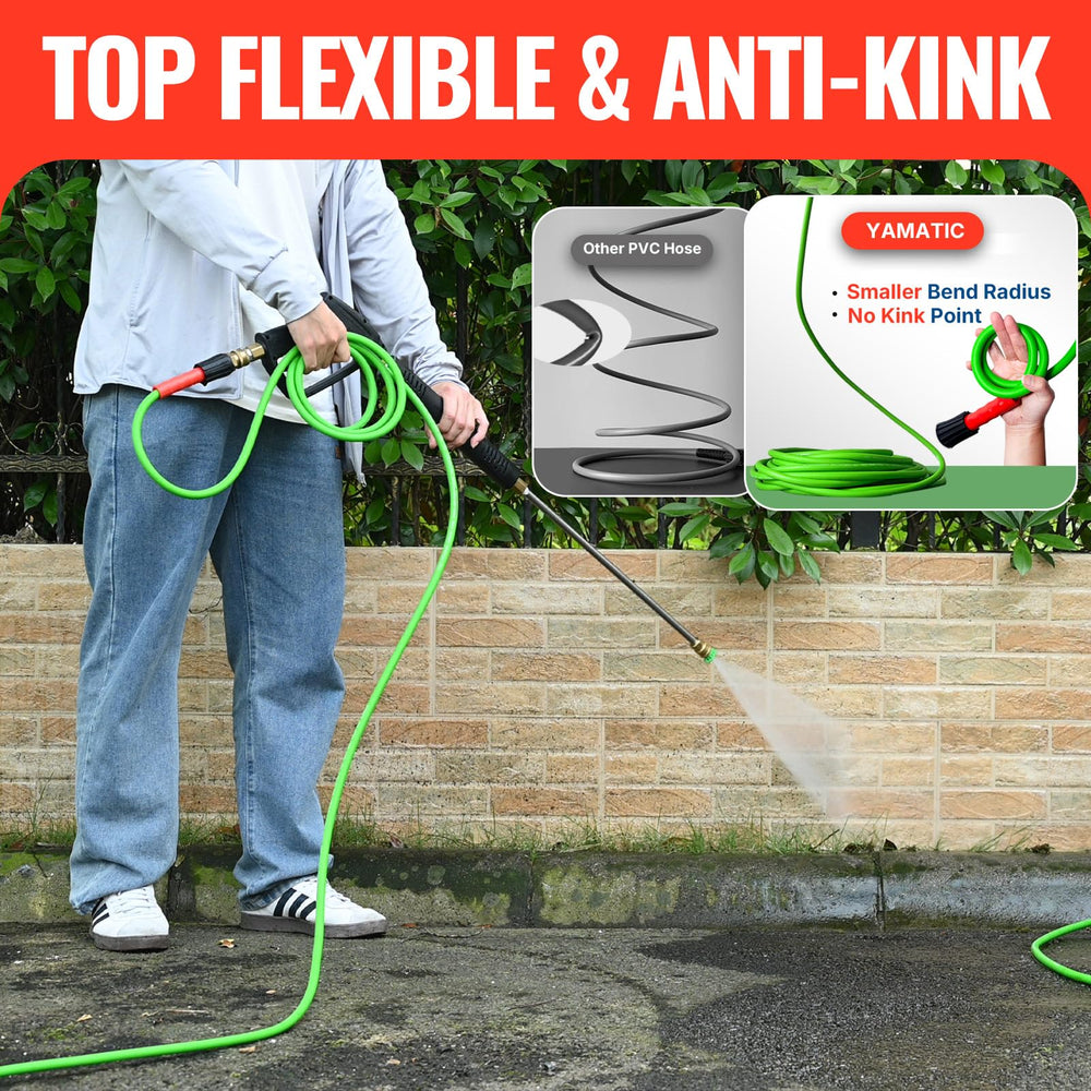YAMATIC 360-degree swivel quick connector inlet showing kink prevention