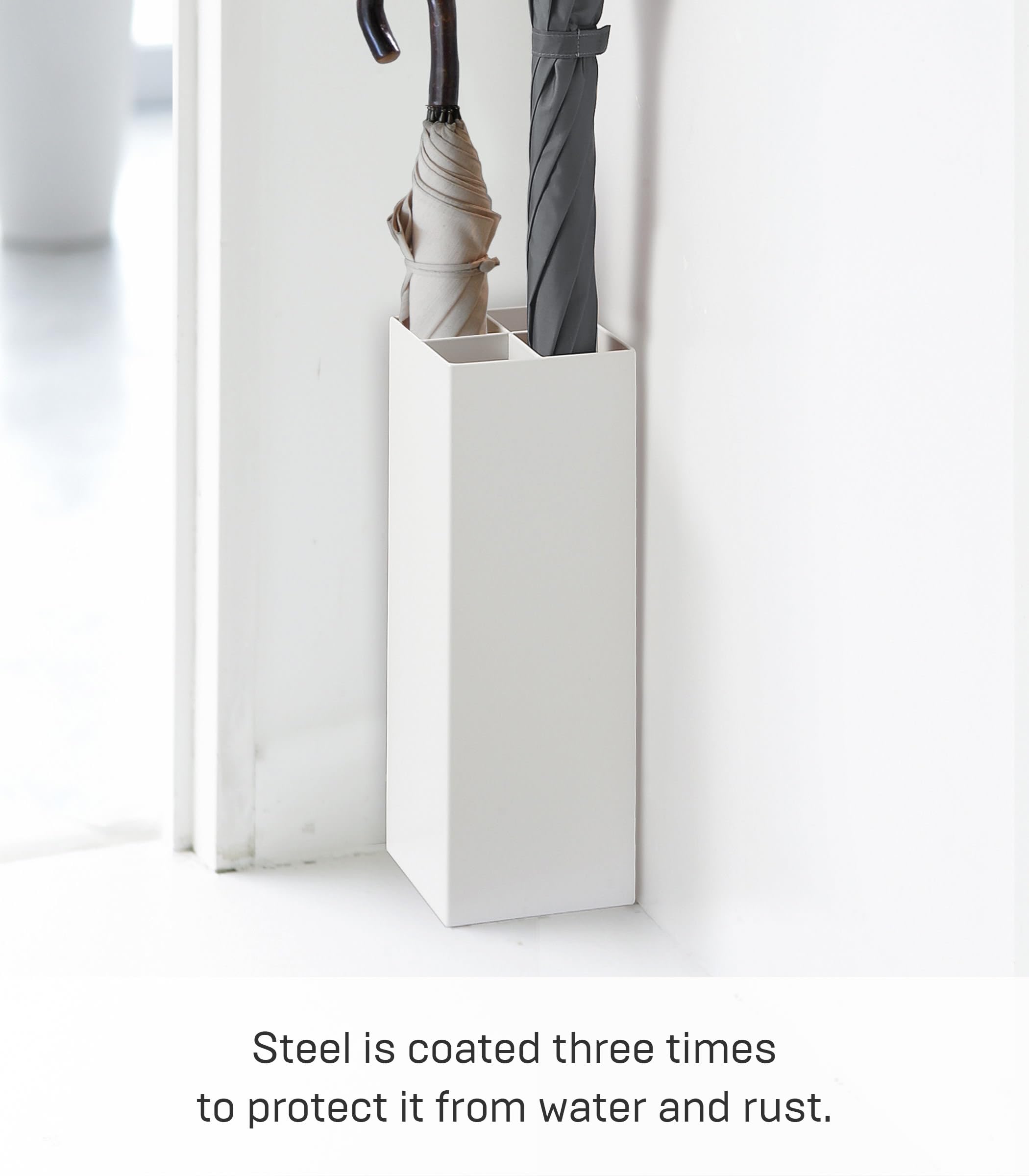Yamazaki powder-coated steel close-up showing water and rust resistance benefit