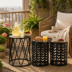 Y&M front view of three black nesting tables showing compact styling and versatility