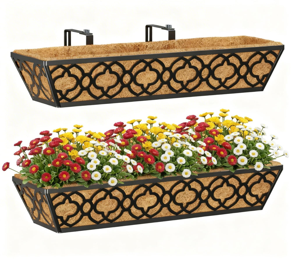 Y&M front view hanging planter showing sleek metal frame and clean lines for curb appeal