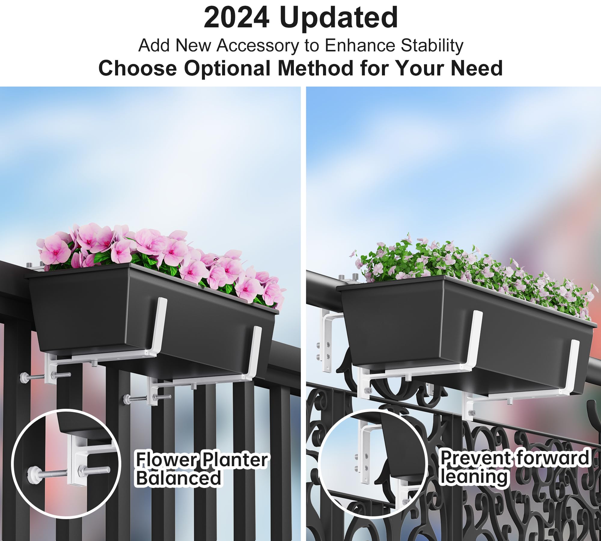 Y&M mounted on deck railing holding planter showing stable outdoor display benefit
