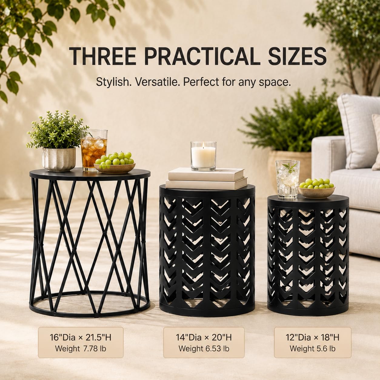 Y&M three tables side-by-side showing size differences for planning placement