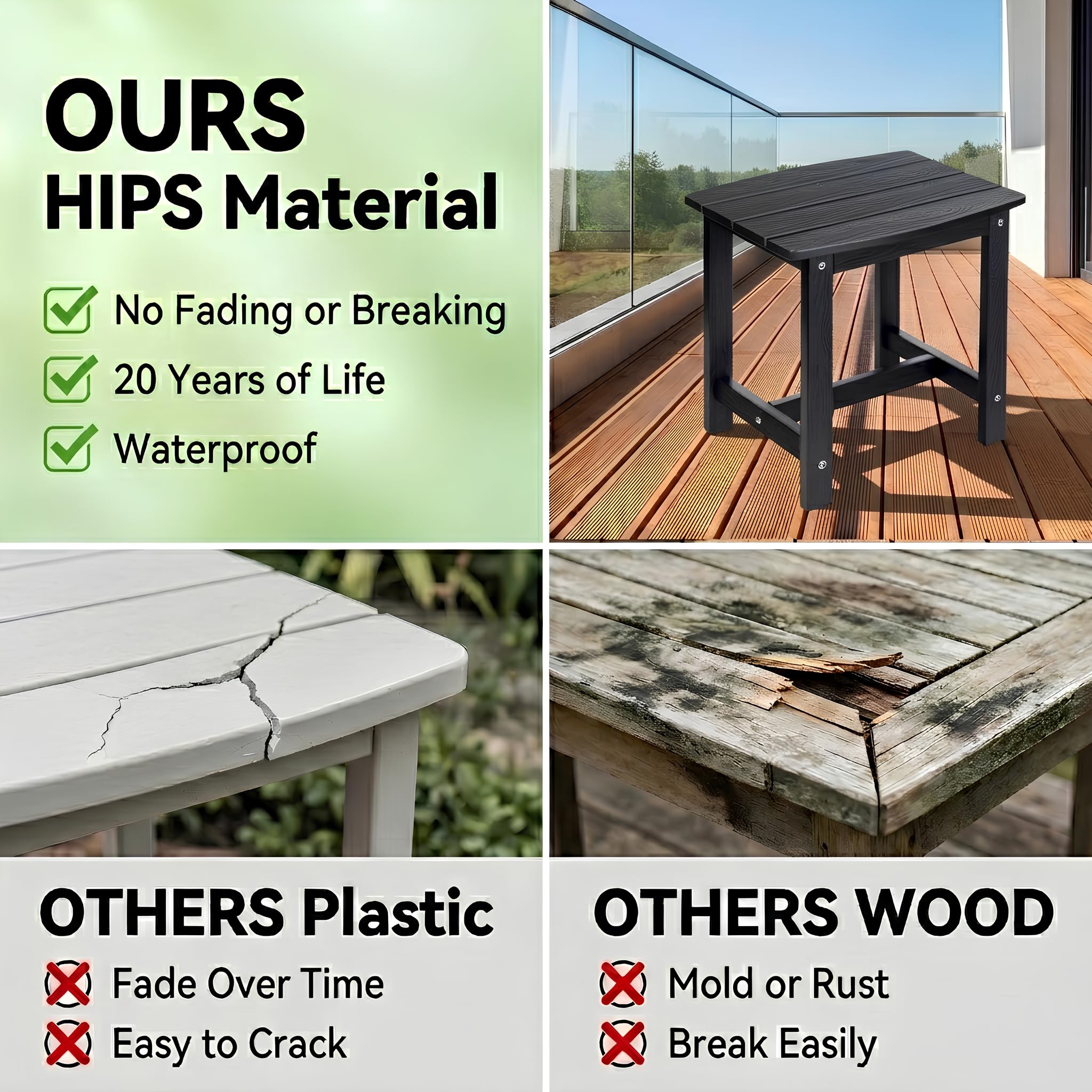 Y&M table used as indoor nightstand showing versatility and moisture resistance