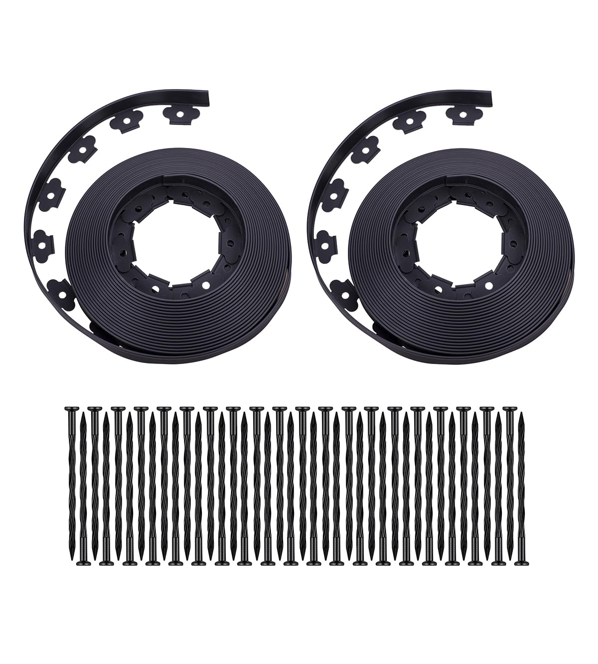 YANEYRIE front view of 100FT black garden edging kit showing contents and compact packaging benefit