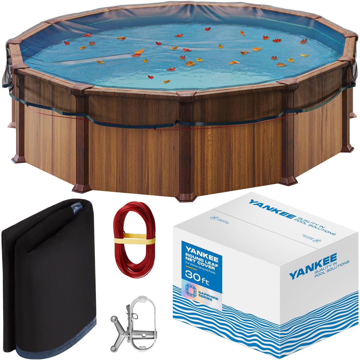 Yankee Pool front packaging showing 30ft leaf net and benefits