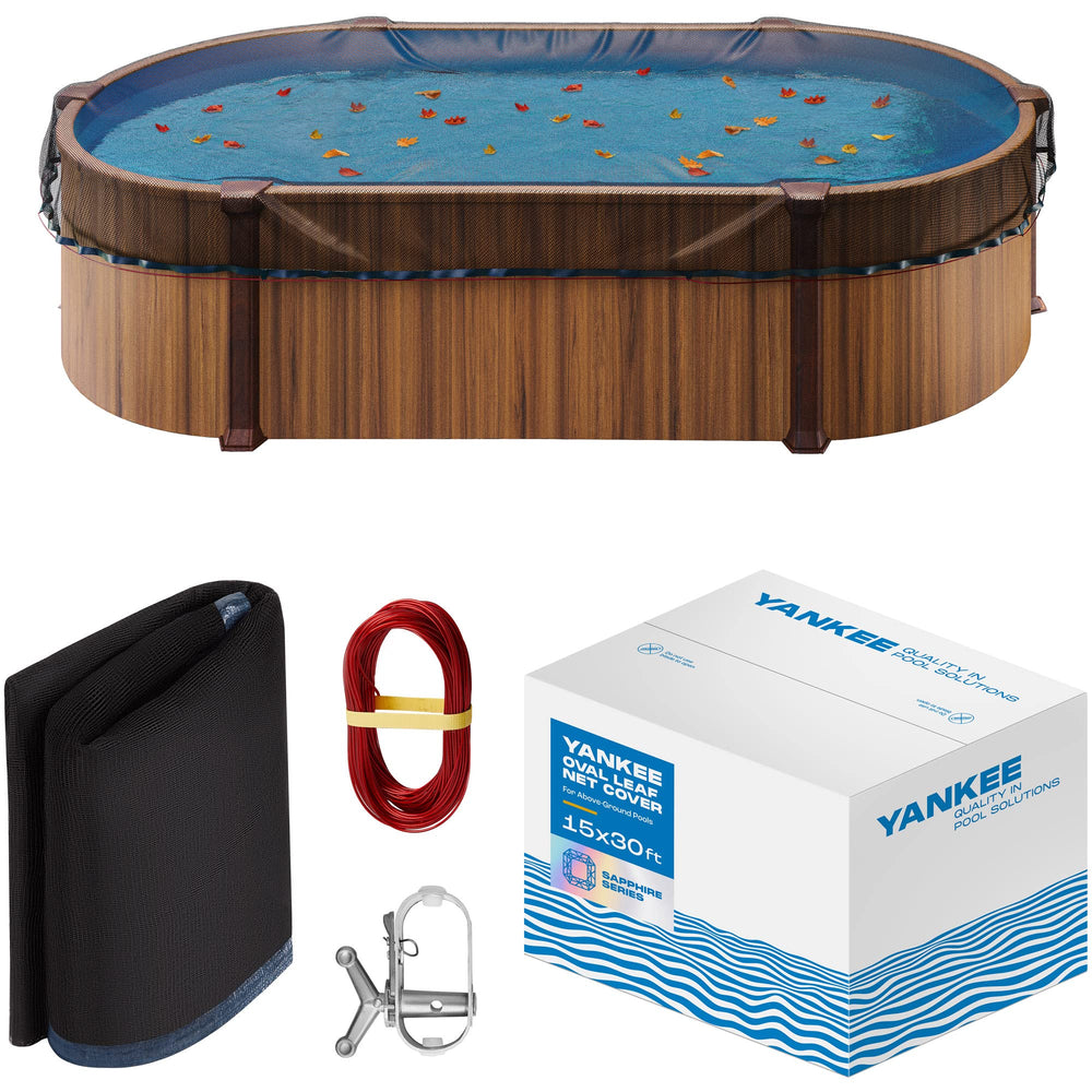 Yankee Pool front view of leaf net cover protecting pool, reduces cleaning