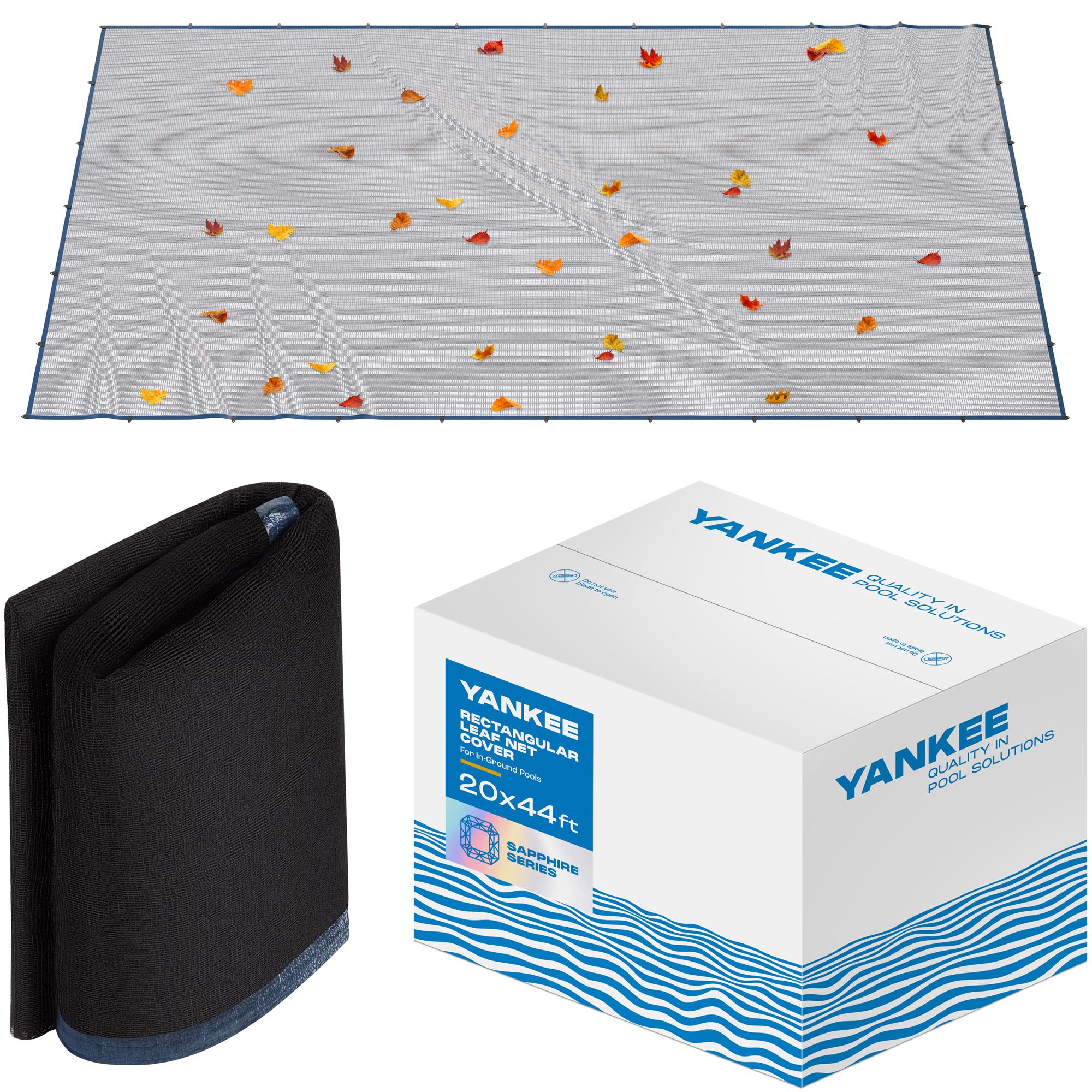 Yankee Pool front view of 20x44 ft leaf net showing full coverage and neat edges