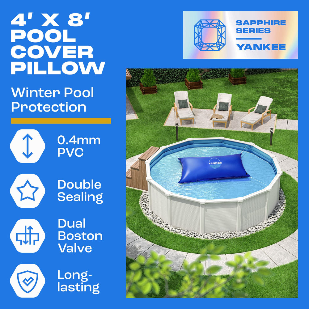 Yankee Pool Pillow in winter yard demonstrating tidy cover and debris prevention
