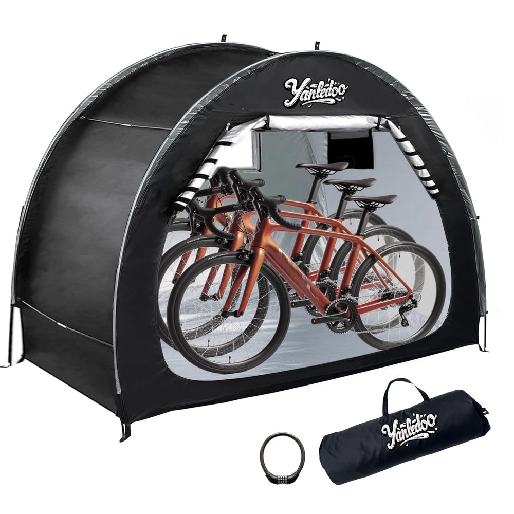 Yanledoo front view showing shelter protecting two bikes and easy access