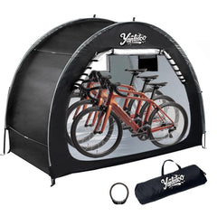 Yanledoo front view showing shelter protecting two bikes and easy access
