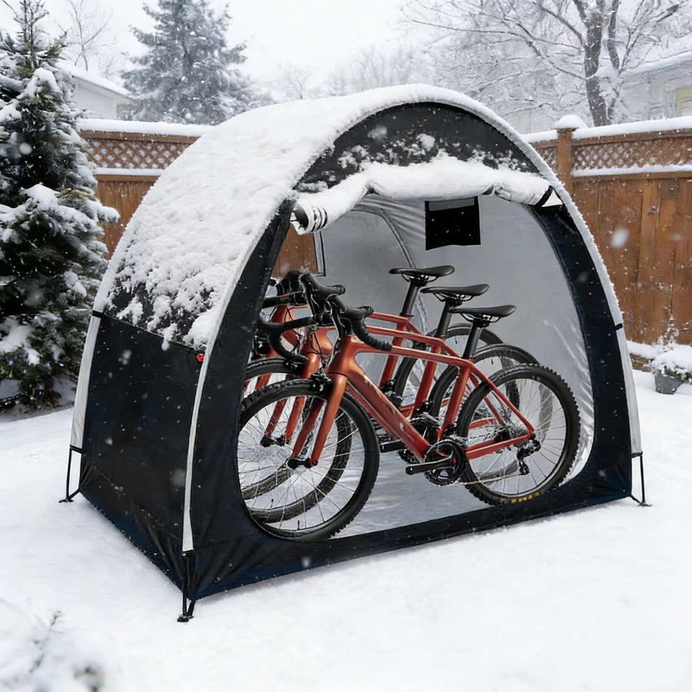 Yanledoo in backyard lifestyle scene protecting bikes from sun and rain