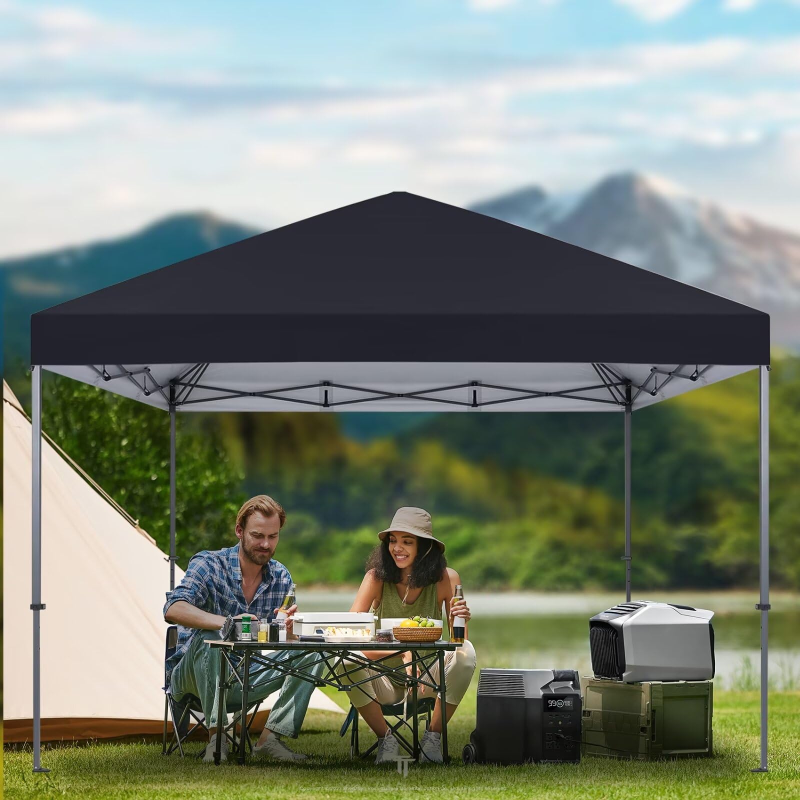 YANWEI canopy top beside person for size comparison showing true 10x10 scale