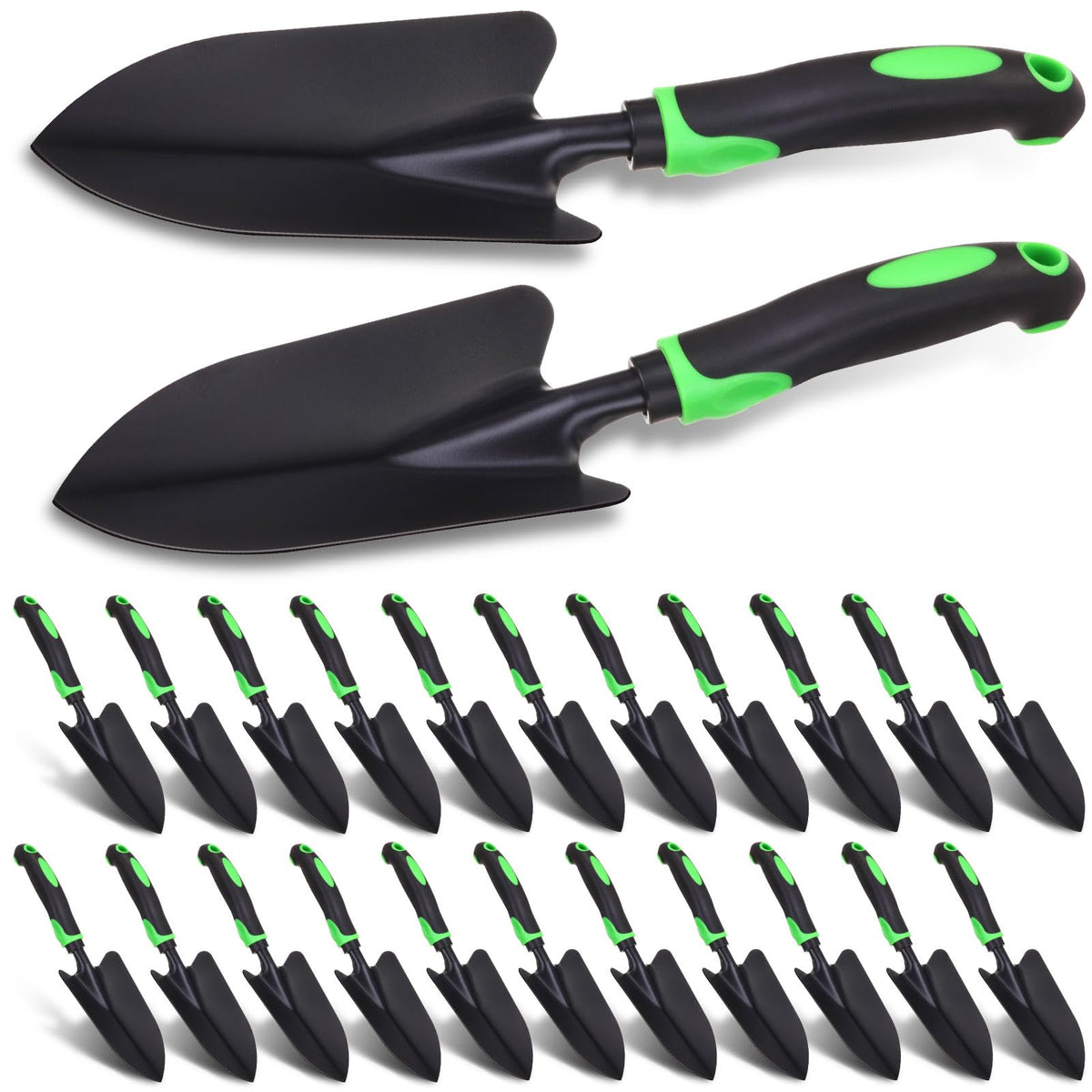 Yaocom front view showing 12 green and black trowels, ideal for group gardening