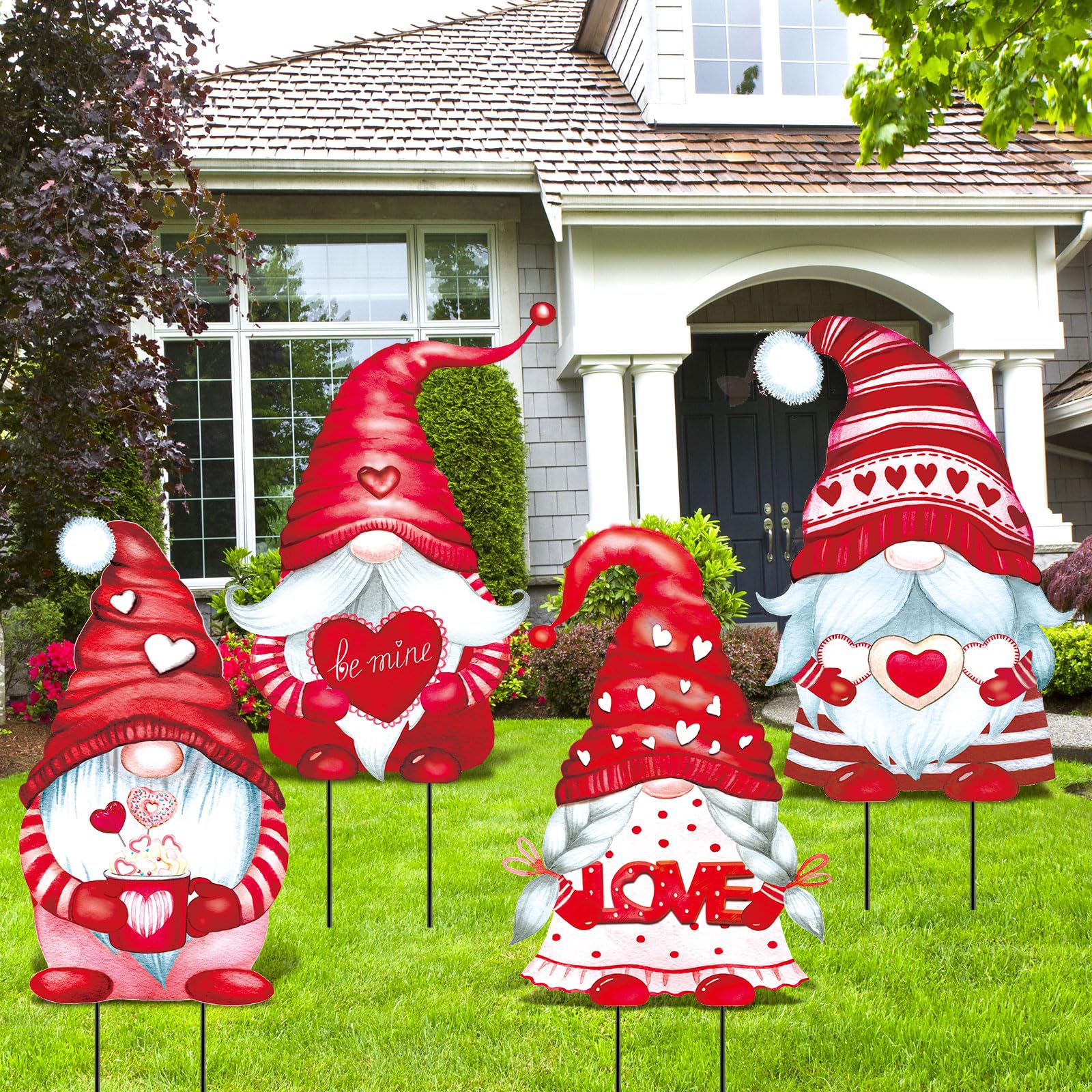 Yaocom front view of four colorful gnome yard signs showing cheerful curb appeal