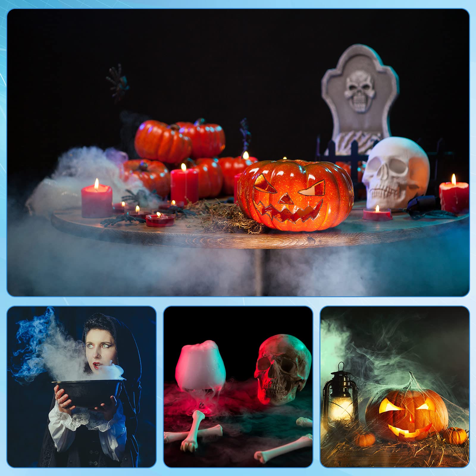 Yaomiao fogger on Halloween table display producing spooky fog and flashing lights