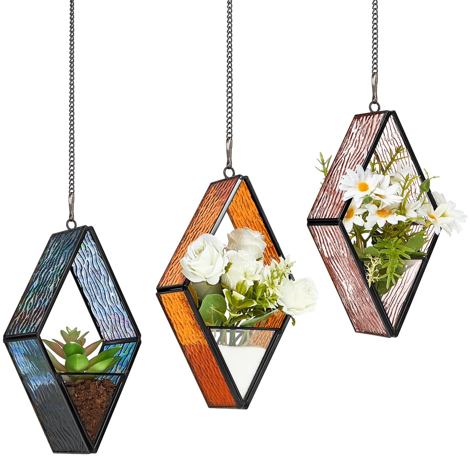 Yaomiao front view of three hanging terrariums showing colorful display benefits