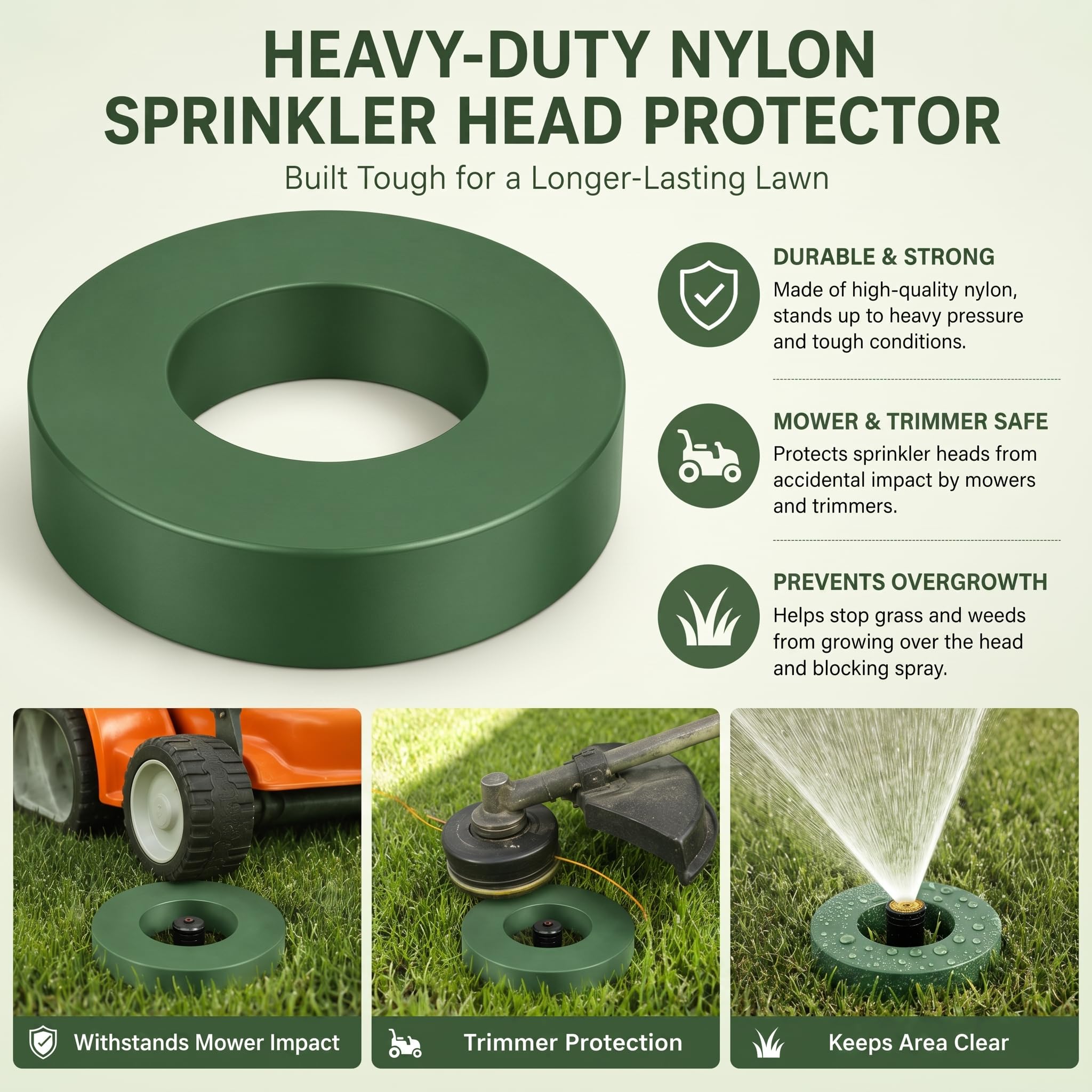 Yaomiao guard installed around a sprinkler head preventing mower damage