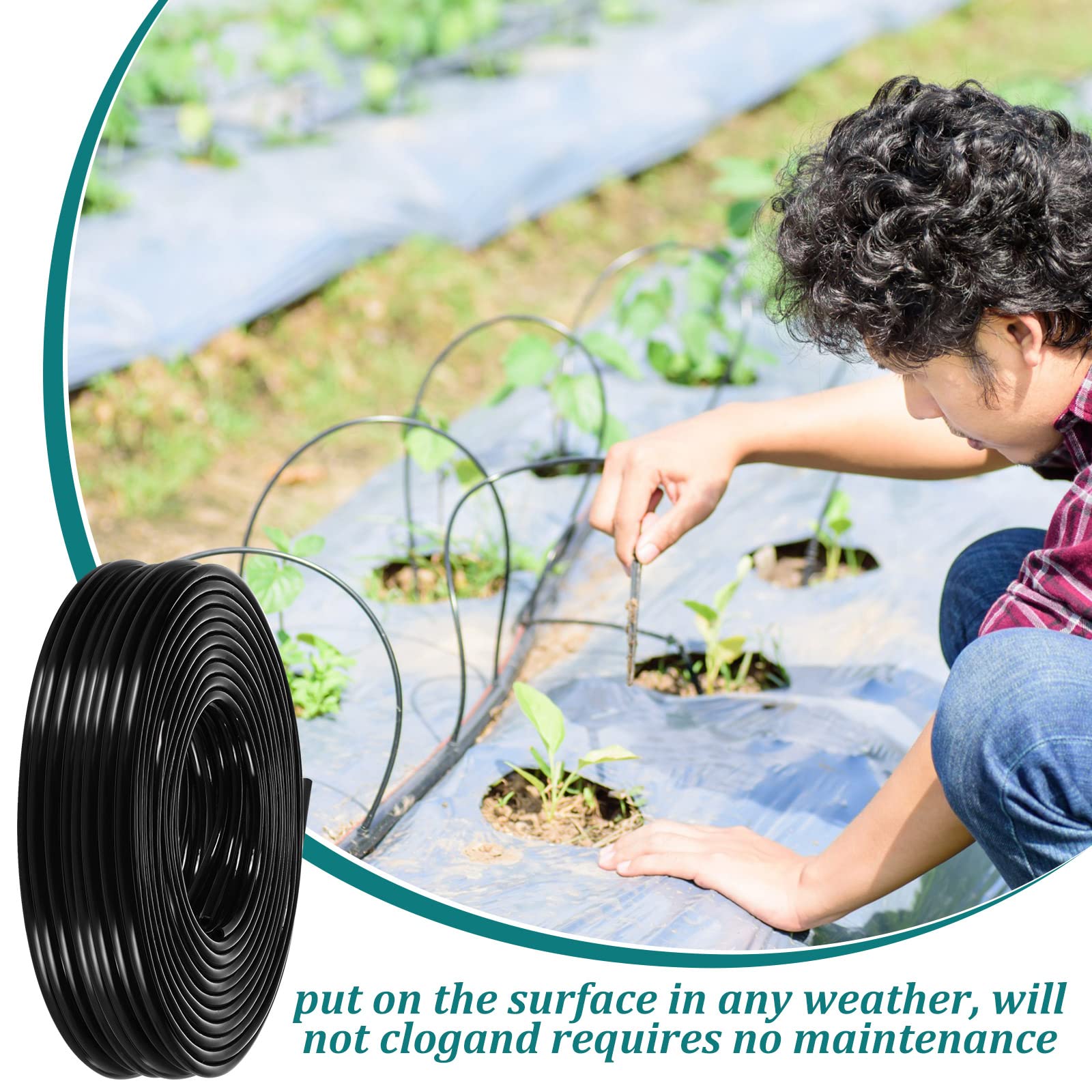 Yaomiao tubing attached to a 1/4" emitter showing compatibility and precise watering benefit