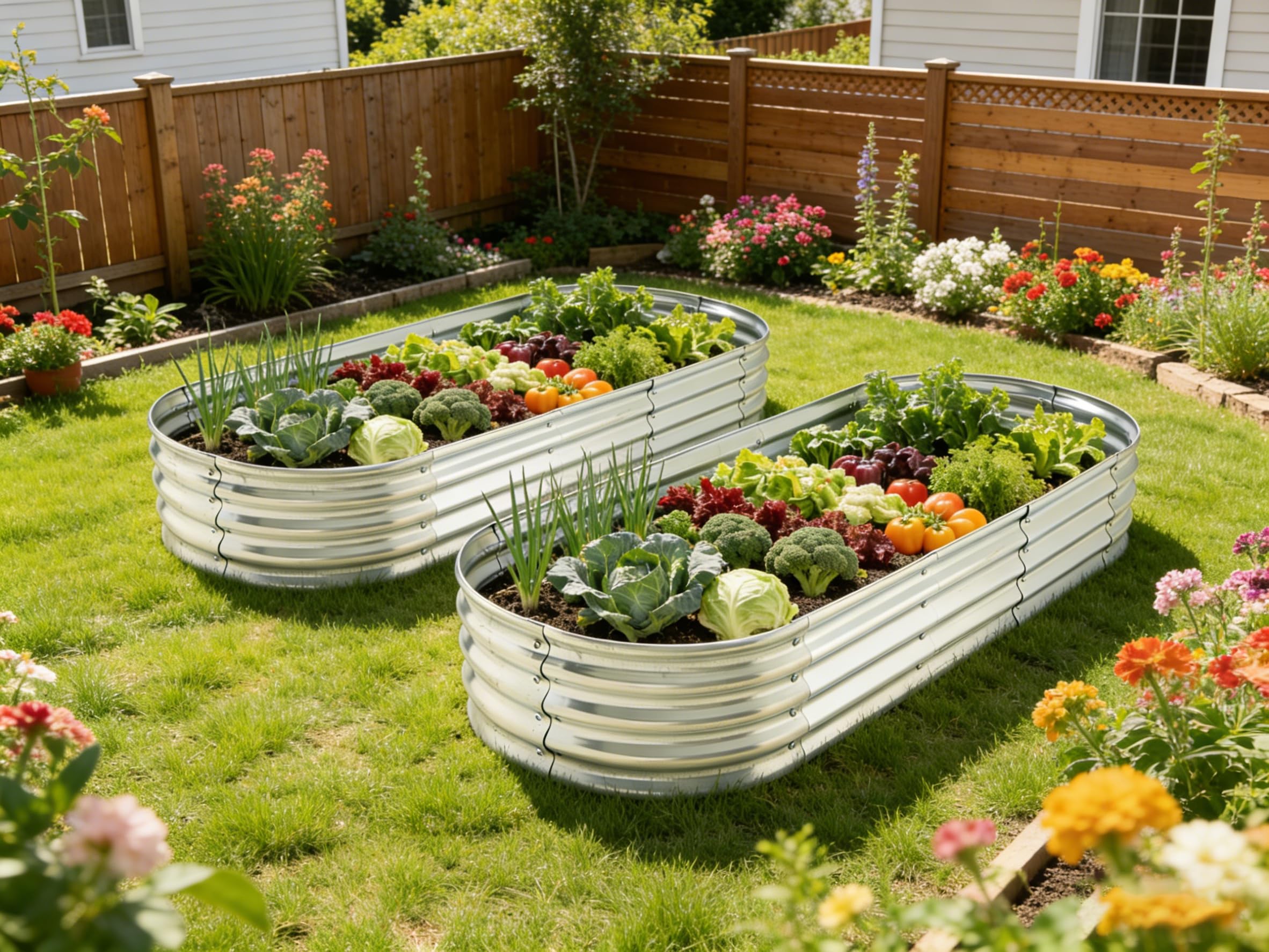 Yararday front view of two packed raised garden beds showing compact kit and convenience