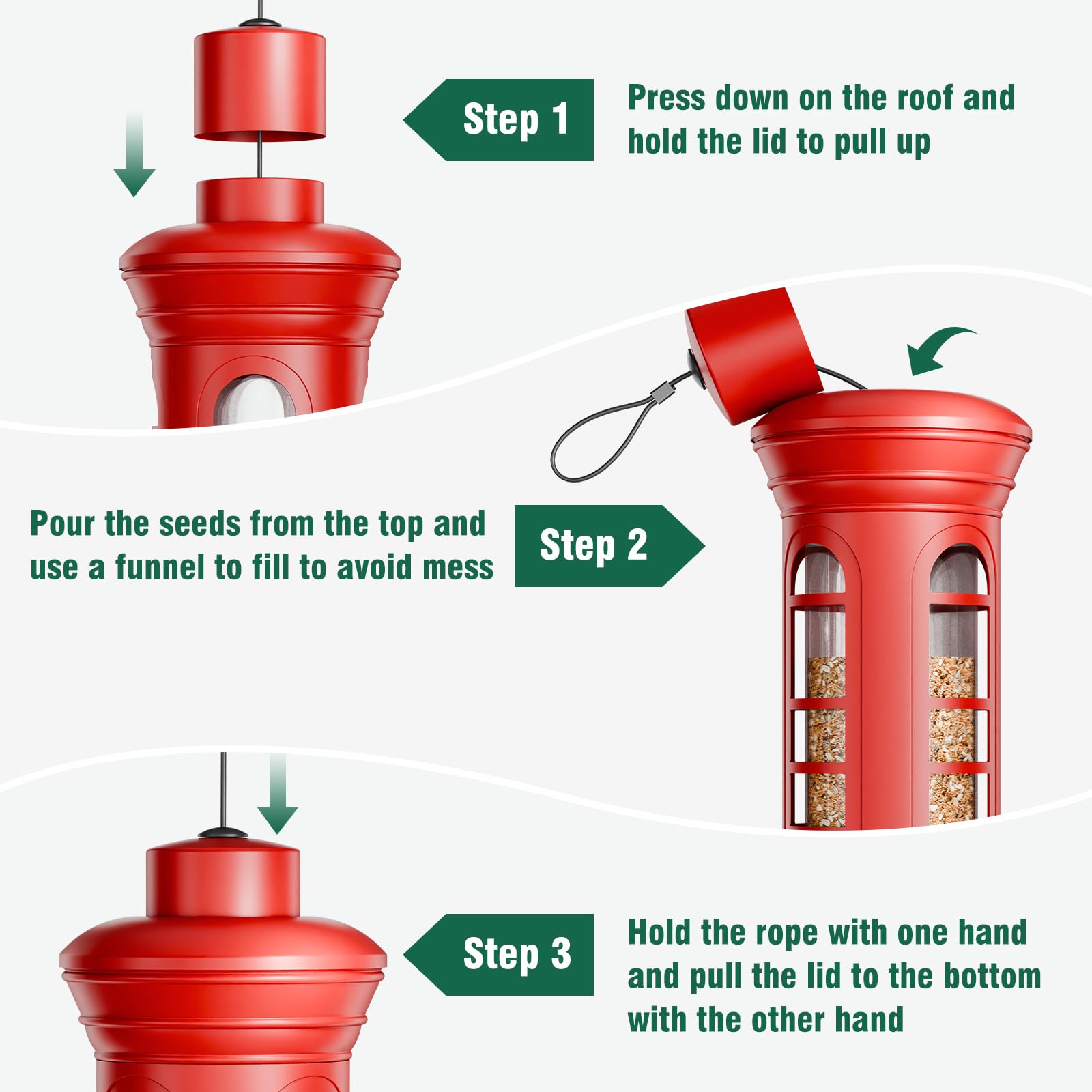 Yarbirder feeder in backyard with cardinal feeding, attracts colorful birds reliably
