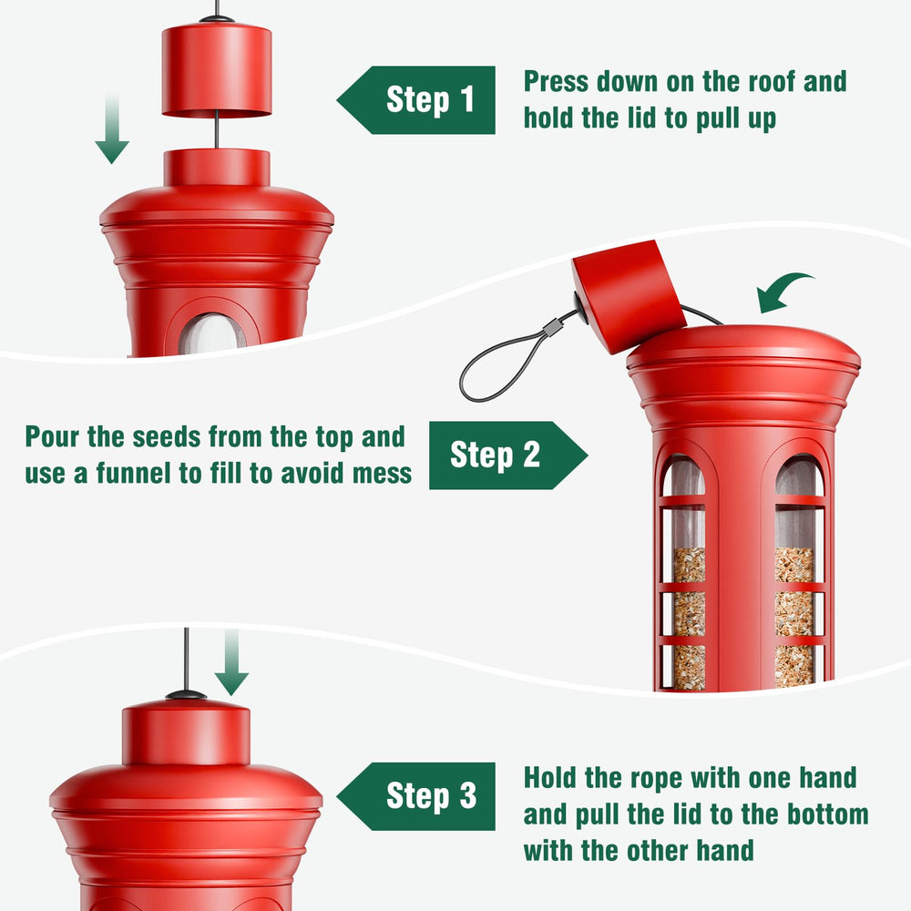 Yarbirder feeder in backyard with cardinal feeding, attracts colorful birds reliably