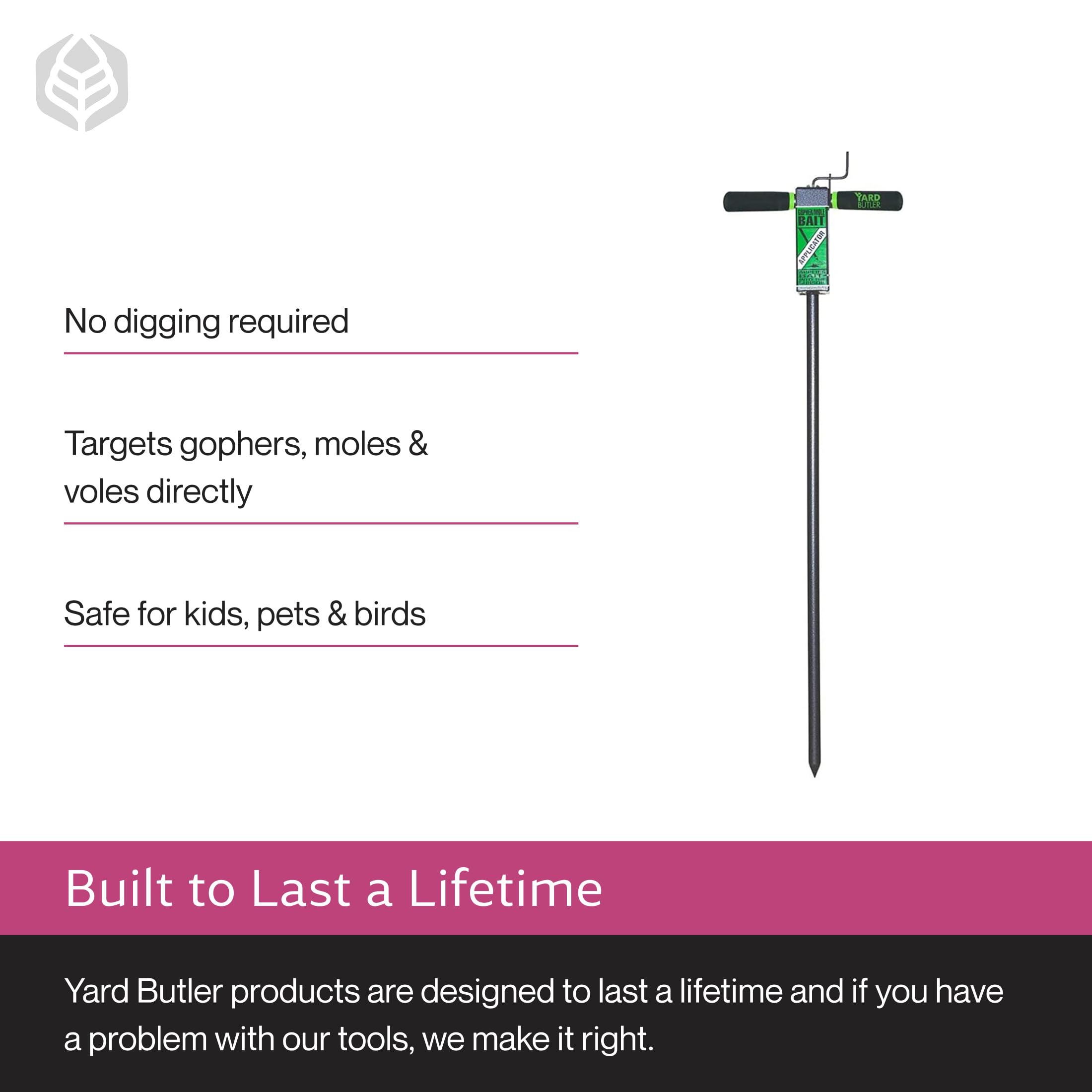 Yard Butler applicator in use on lawn placing bait into underground tunnel for safer control