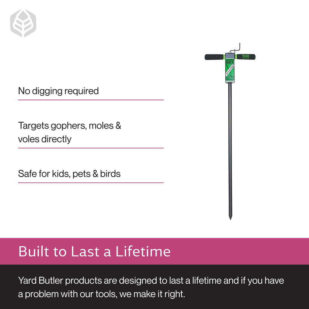 Yard Butler applicator in use on lawn placing bait into underground tunnel for safer control