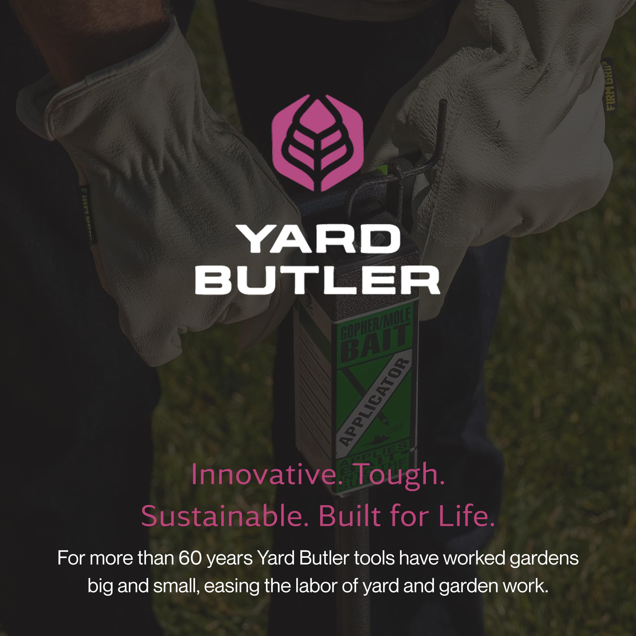Yard Butler applicator staged in garden bed showing tidy, non-disruptive pest treatment