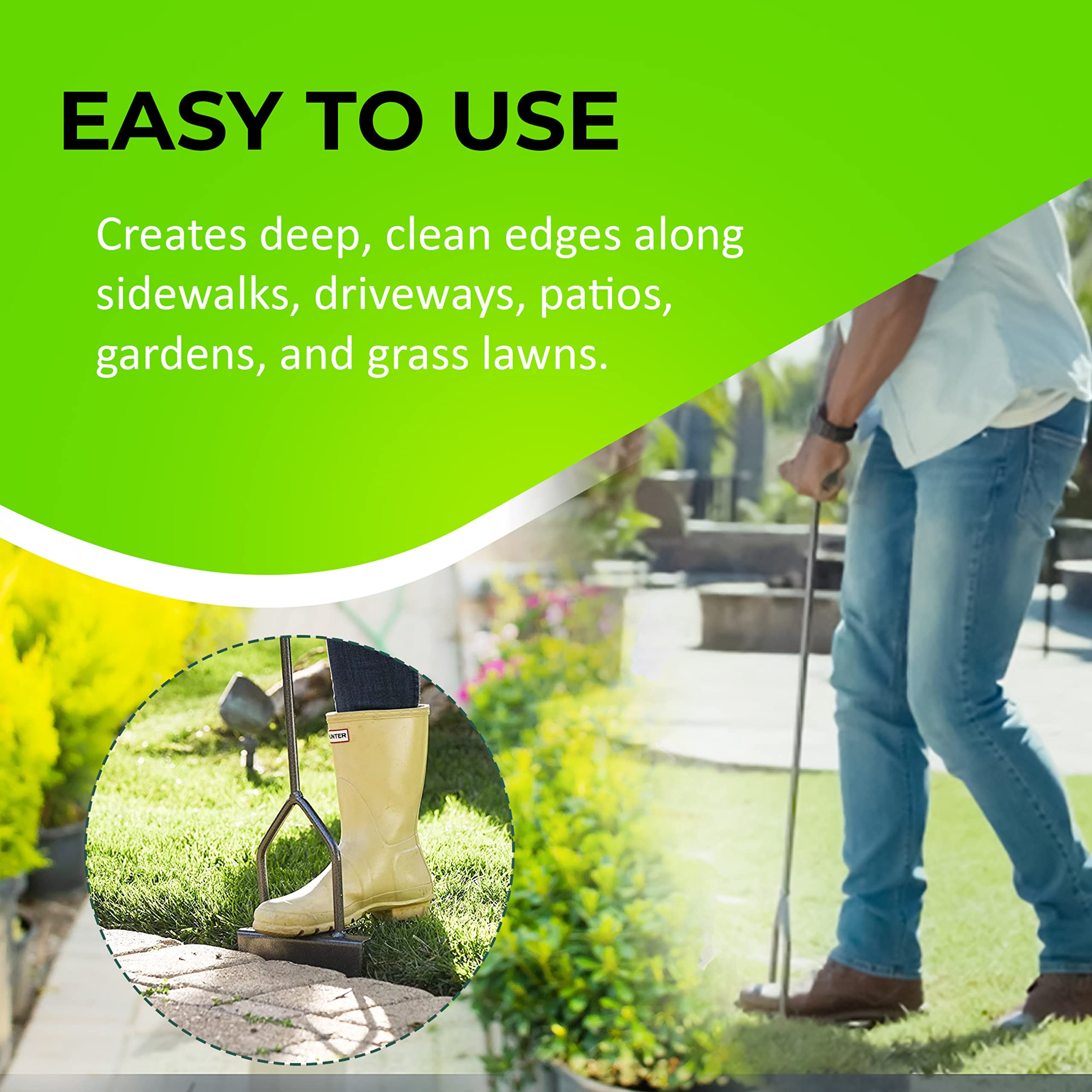 Yard Butler step edger blade edge closeup highlighting rust-resistant steel