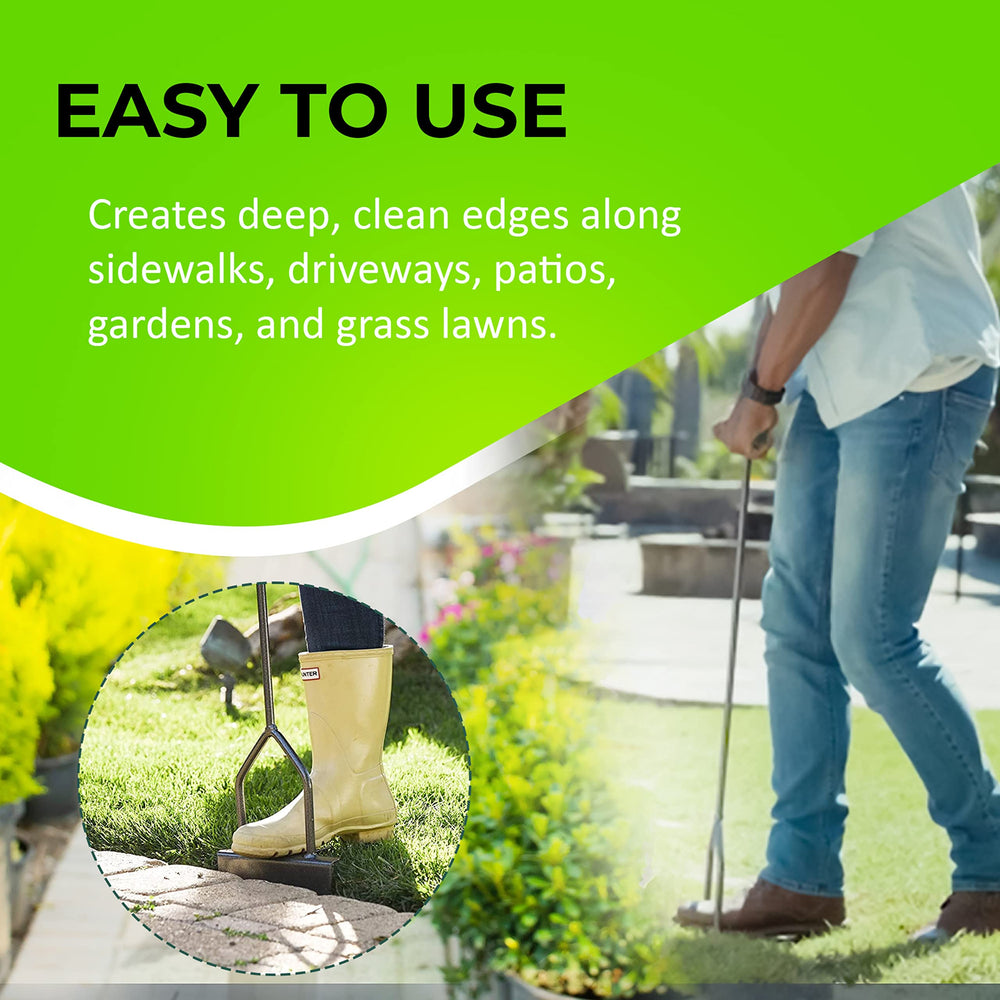 Yard Butler step edger blade edge closeup highlighting rust-resistant steel