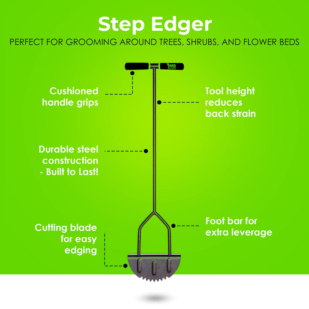 Yard Butler step edger side profile demonstrating ergonomic long handle benefit
