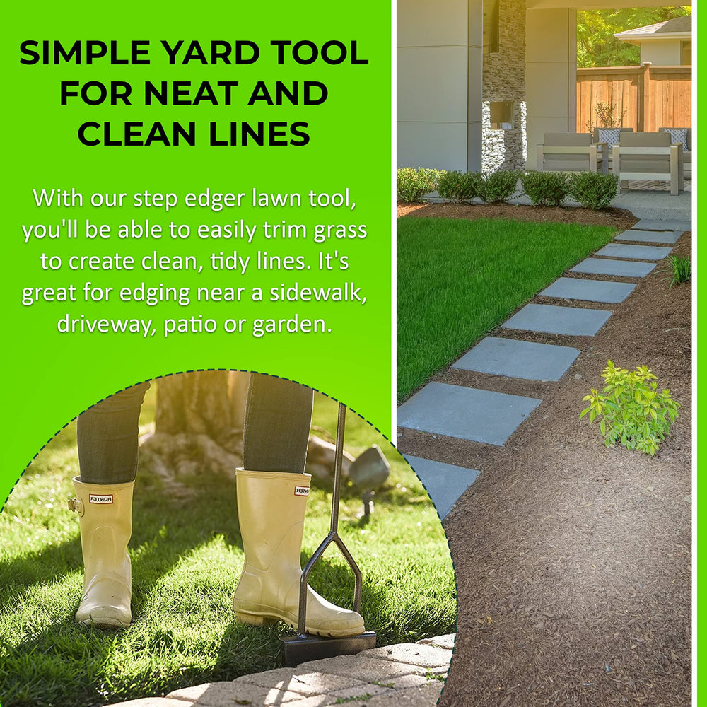 Yard Butler step edger next to rake showing compact size and storage ease