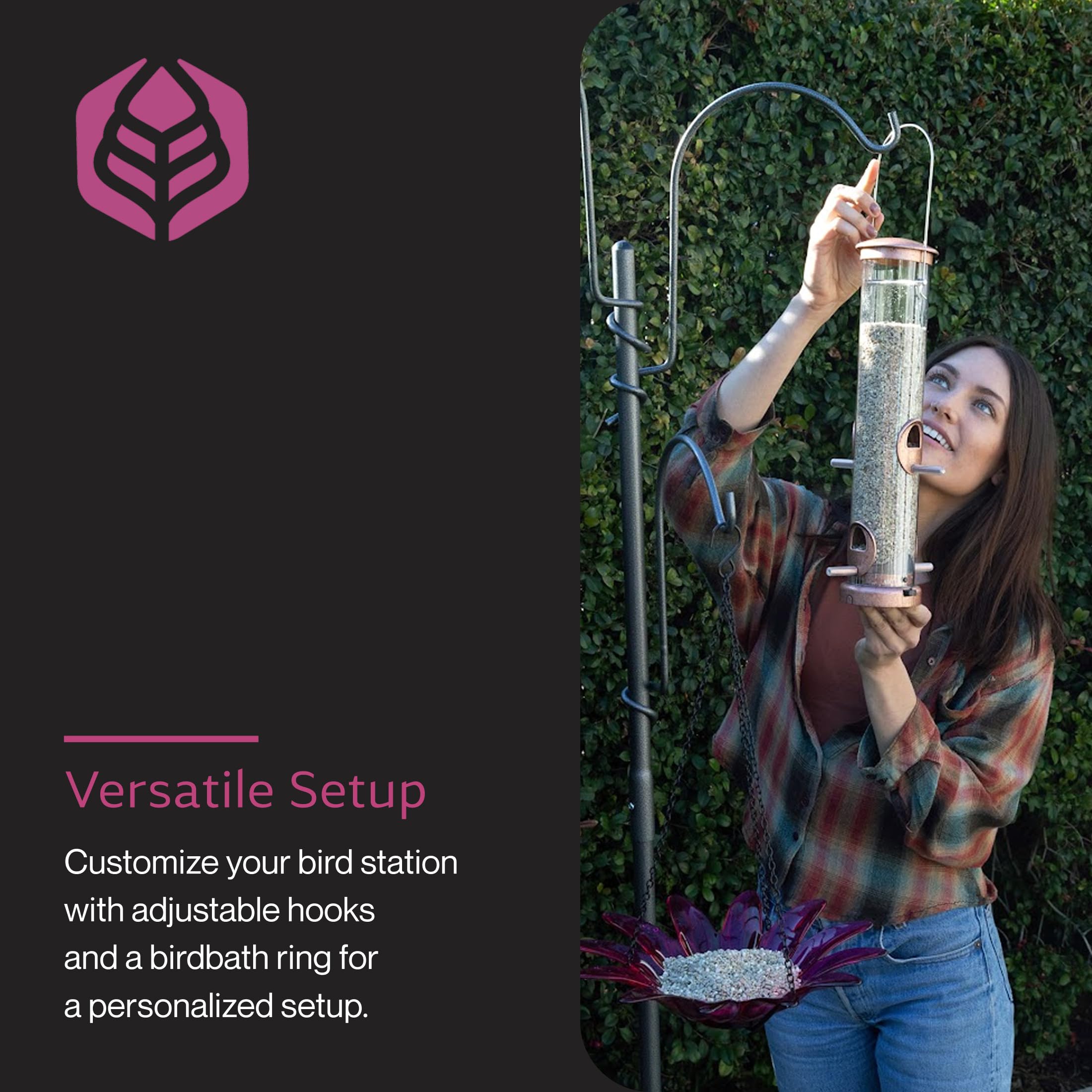 Yard Butler displaying multiple hanging feeders and planters, increases bird visits
