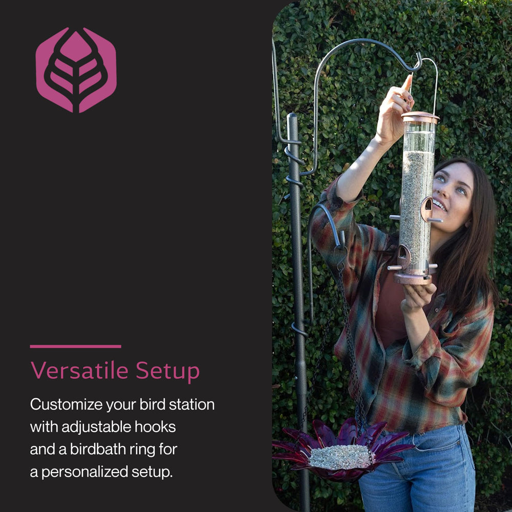 Yard Butler displaying multiple hanging feeders and planters, increases bird visits