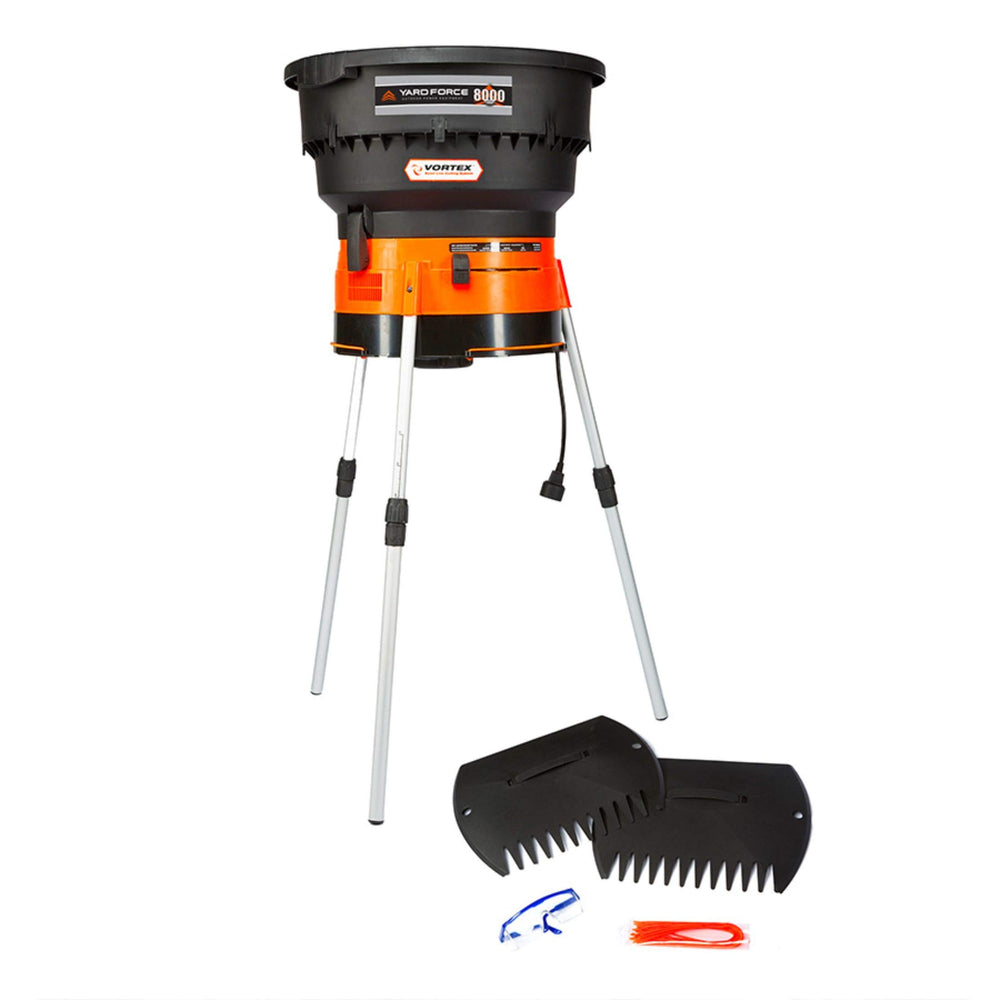 Yard Force front profile showing compact mulcher and benefit of space-saving design