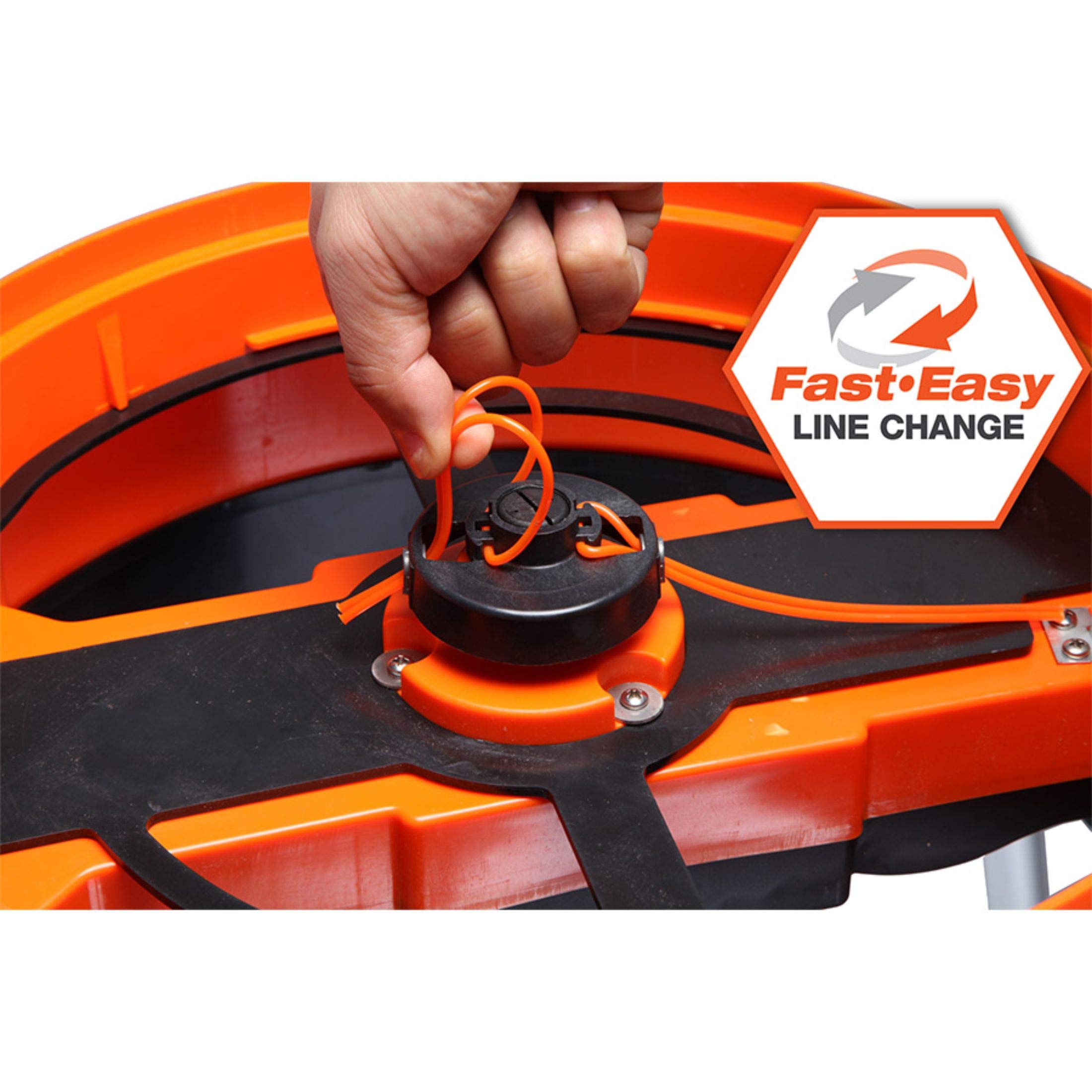 Yard Force beside a yard tool for scale showing lightweight portability benefit
