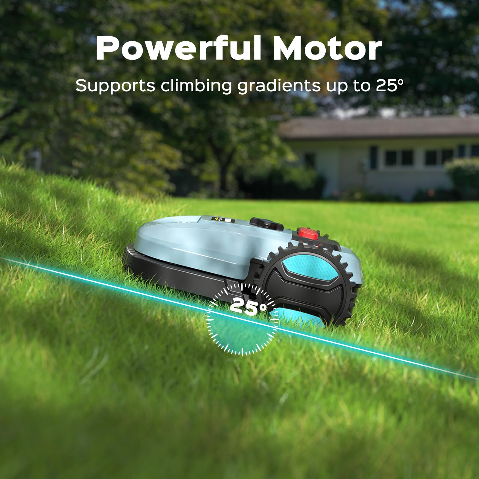 YARDCARE mower next to shoe showing compact scale and storage benefit