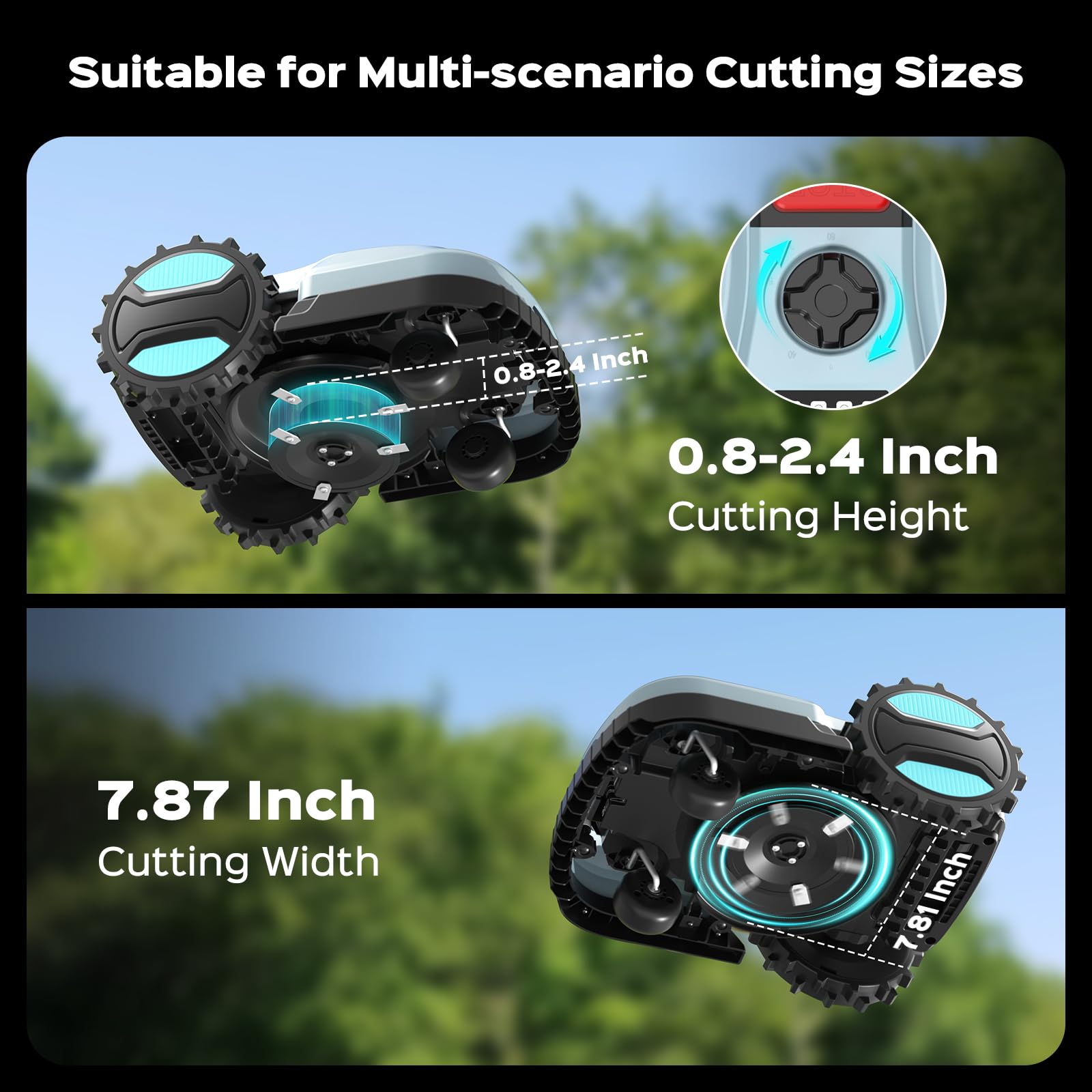 YARDCARE bumper sensor and wheel showing obstacle detection safety benefit