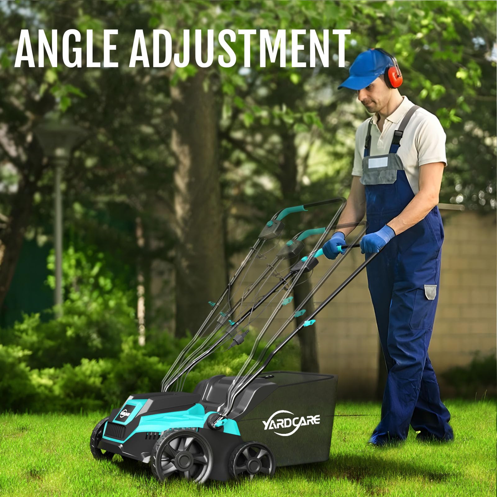 YARDCARE detachable 10.5-gallon thatch bag attached for efficient cleanup
