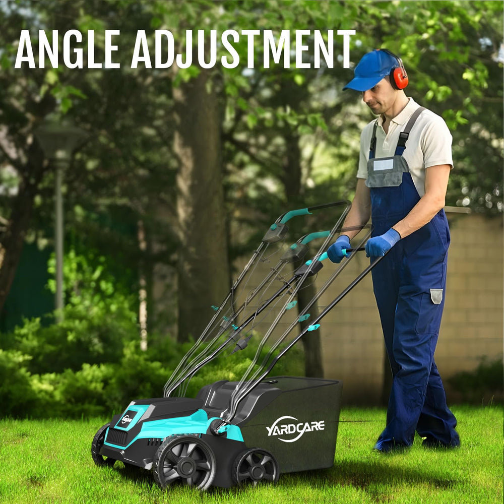 YARDCARE detachable 10.5-gallon thatch bag attached for efficient cleanup