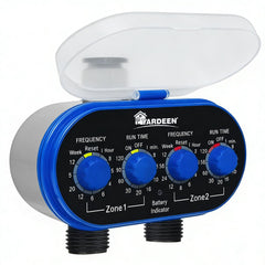 Yardeen front view blue controller showing dual outlets and display for easy scheduling
